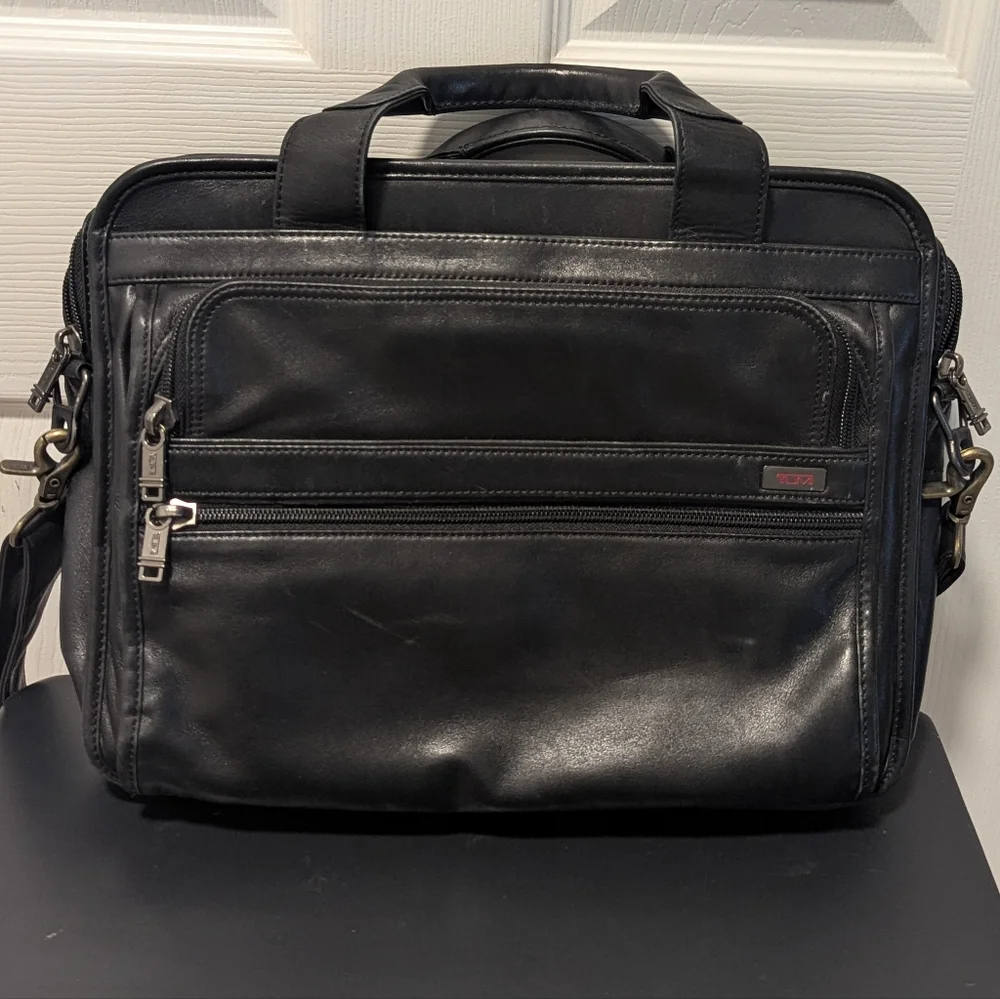Tumi 96021D4 Alpha Black Leather Expandable Laptop Briefcase Business Bag